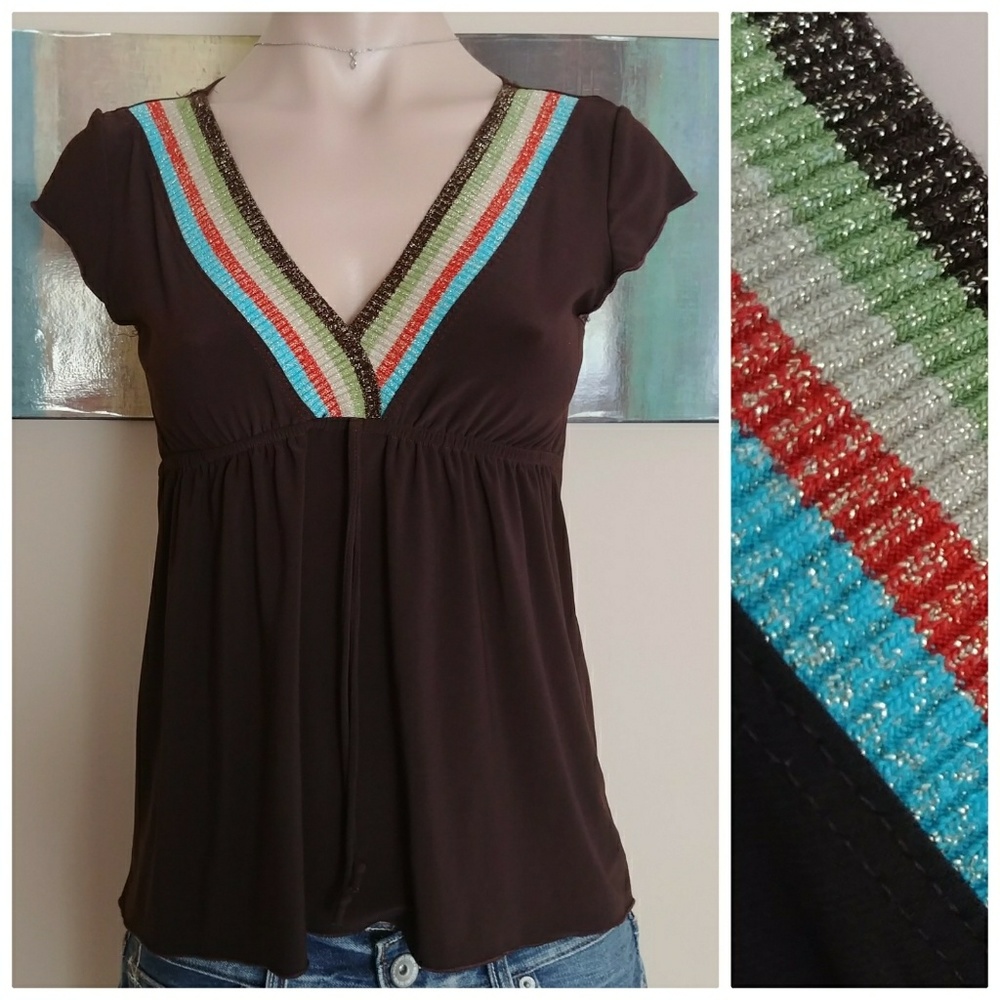 Weather Vane V-neck Metallic Collar Brown Shirt
